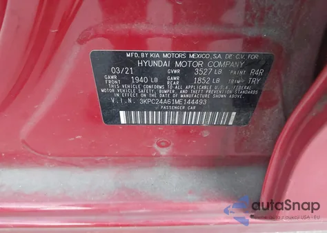 2021 Hyundai Accent Se из США, поврежденный, VIN 3KPC24A61ME144493